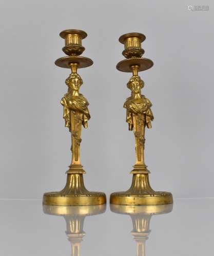 A Pair of French Gilt Bronze Candlesticks, The Supports havi...