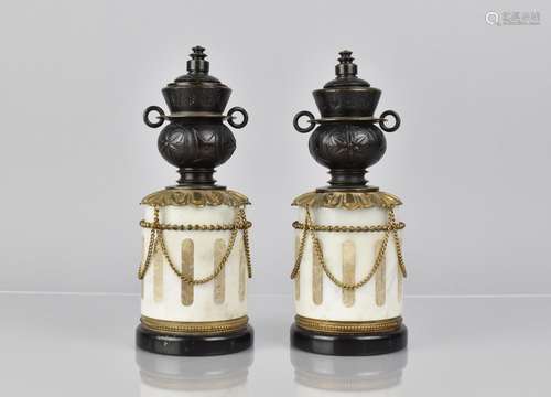 A Pair of French Bronze and Marble Garnitures of Cylindrical...