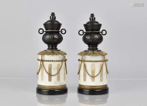 A Pair of French Bronze and Marble Garnitures of Cylindrical...
