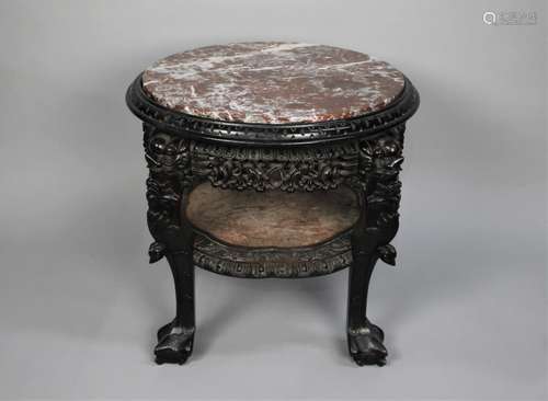 A Carved Hardwood Chinese Marble Top Circular Table having S...