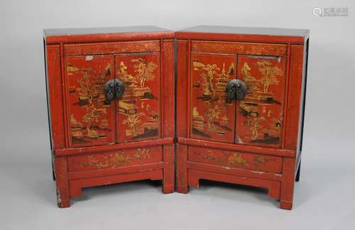 A Pair of Red Lacquer Oriental Chinoiserie Shelved Cabinets,...