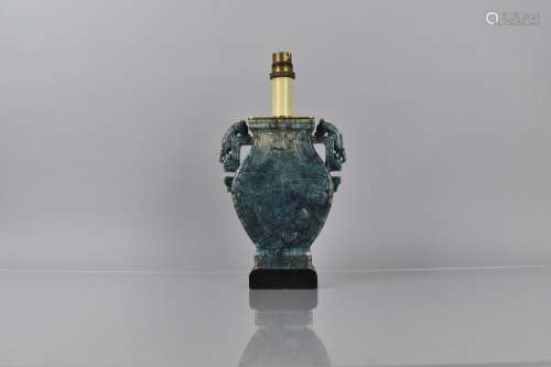 A Chinese Soapstone Table Lamp of Archaic Vase Form with Twi...