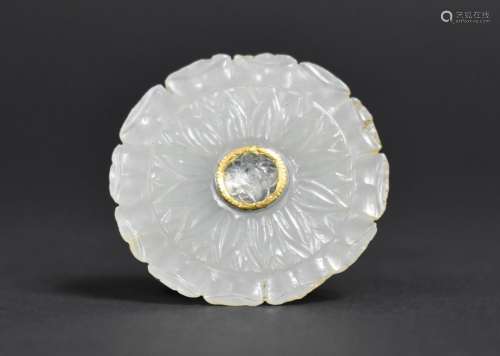 A Large Chinese Jade Button with Yellow Metal Mounted Rock C...