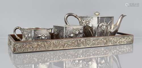 A Japanese Bisansha Silver Three Piece Tea Service on Matchi...