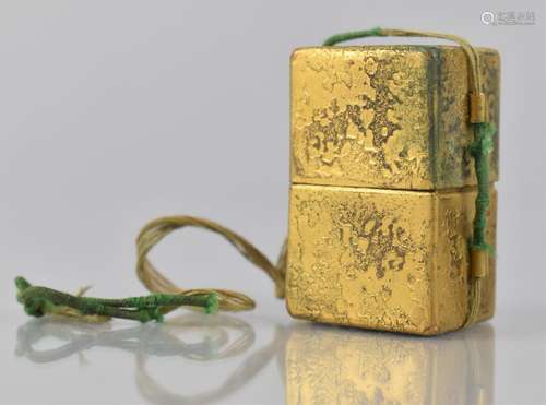 A Japanese Gilt Metal Inro of Double Cube Form with Textured...