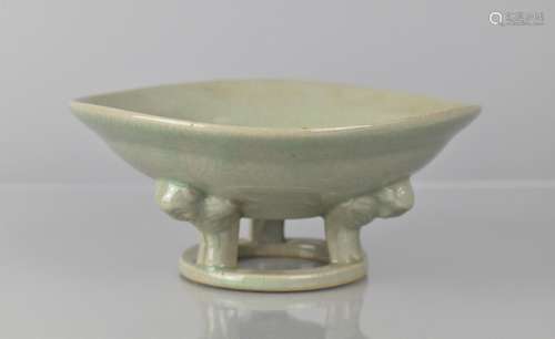 A Celadon Pedestal Bowl of Shallow Form Raised on Tripod Sup...