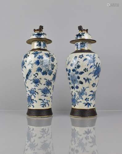 A Pair of Chinese Blue and white Crackle Glazed Baluster Vas...