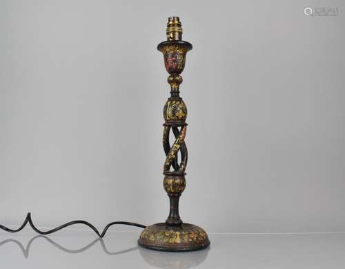 A Kashmiri Table Lamp Base on Black Ground decorated in Poly...