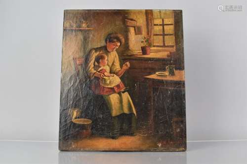 A 19th Century Folk Art Oil Painting on Canvas of a Mother a...