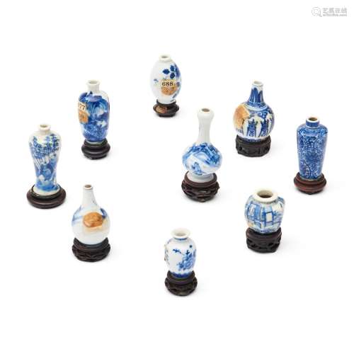 Nine Miniature Blue and White Cabinet Vases