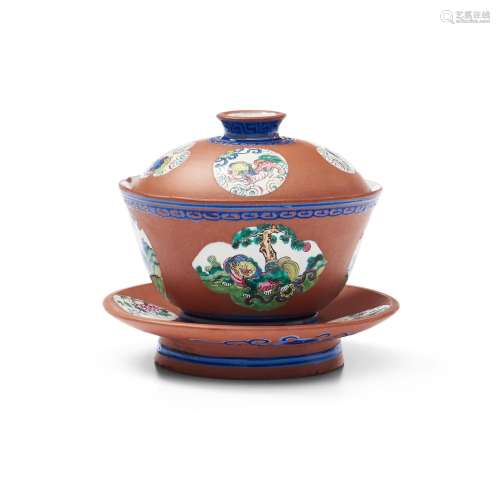Enameled Yixing Lidded Bowl and Saucer