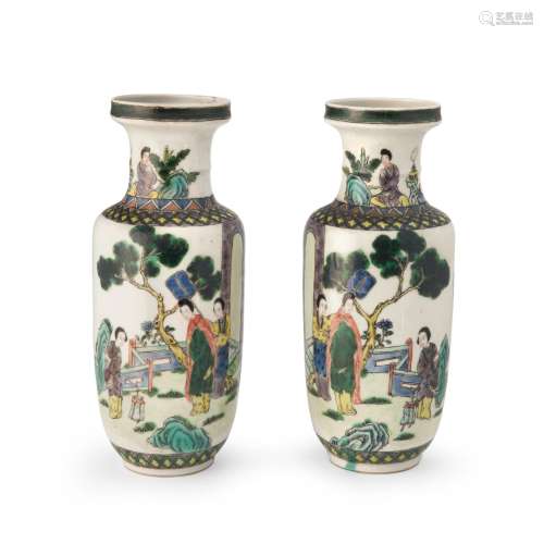 Pair of Famille Verte Enameled Rouleau Vases