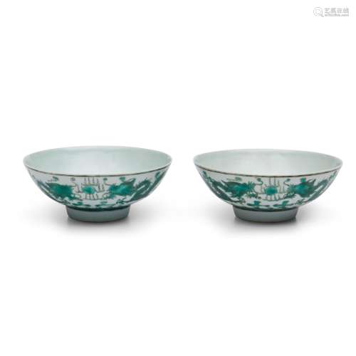 Pair of Green-glazed Dragon Bowls