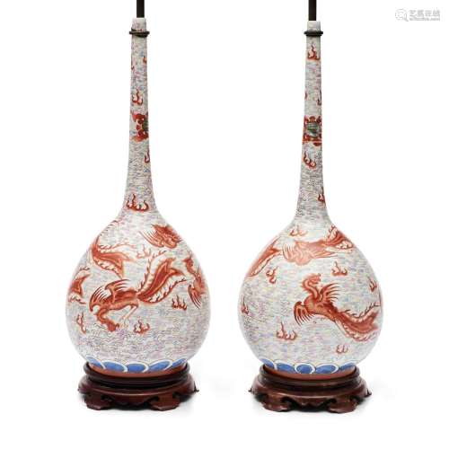 Pair of Iron Red-enameled Bottle Vases Mounted as Lamps