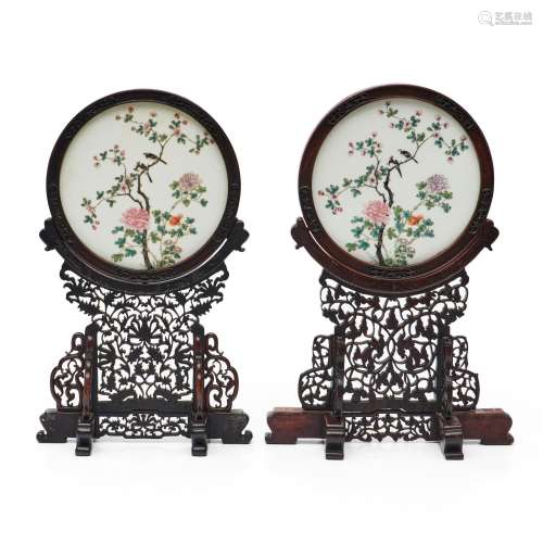 Pair of Famille Rose Round Plaques Mounted as Table Screens