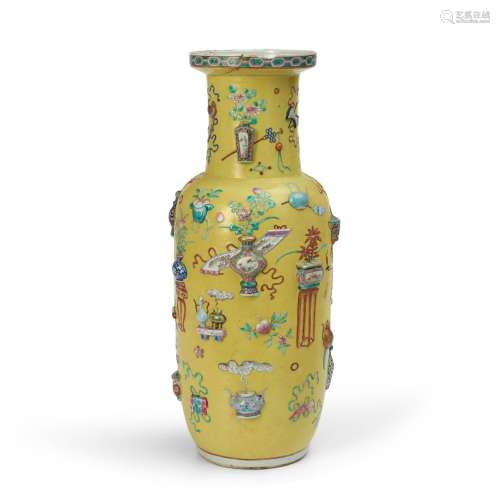 Famille Rose Yellow-ground Rouleau Vase