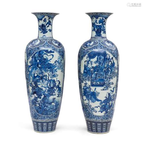 Pair of Monumental Blue and White Palace Vases