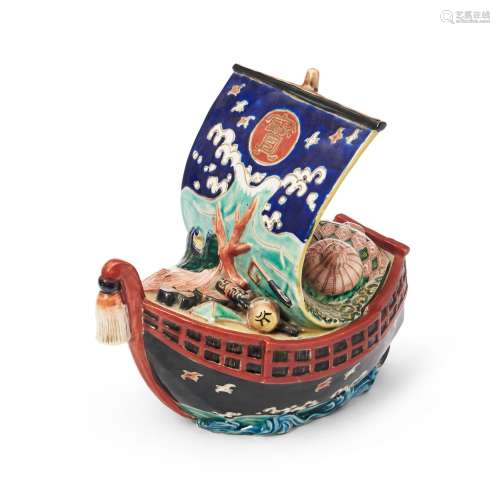 Polychrome-enameled Okimono of a Treasure Boat