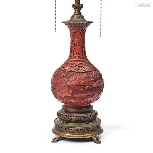 Cinnabar-lacquered Vase Mounted as Lamp