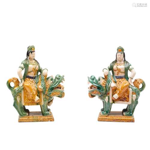 Pair of Large Sancai Figures of Guanyin