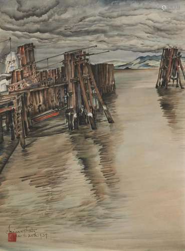 Chiura Obata (1885-1975), Watercolor Depicting a Boat Dock