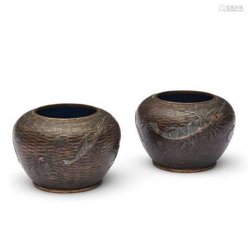 Pair of Mixed-metal-inlaid Bronze Bowls