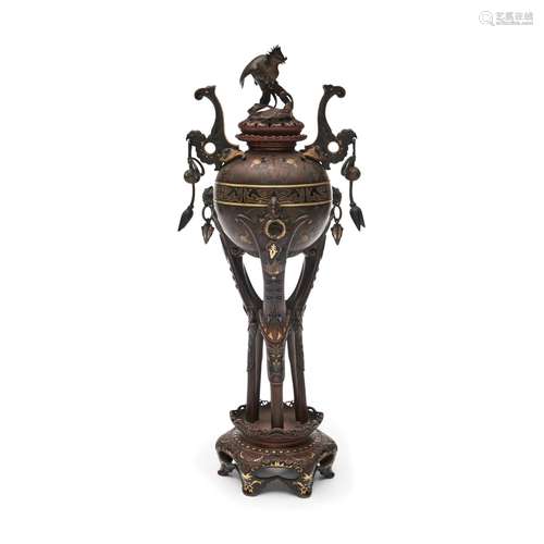 Mixed-metal-inlaid Bronze Censer and Cover