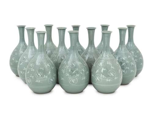 12 Korean Celadon Porcelain Ground 'Crane and Cloud' Bottle ...