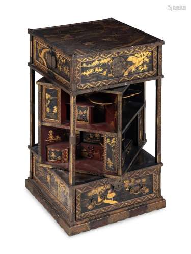 A Japanese Gold, Red, and Brown Lacquer Displaying Cabinet, ...