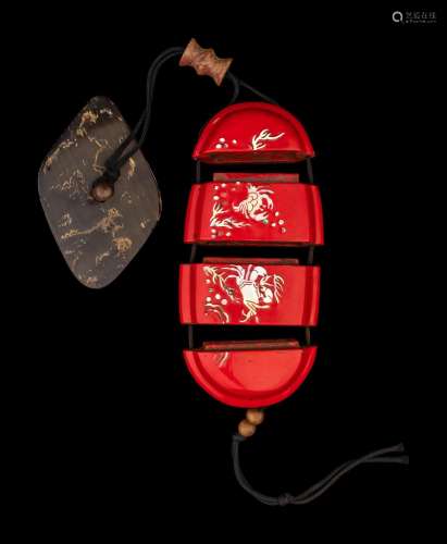 A Japanese Mother-of-Pearl Inlaid Red Lacquer Three-Case Inr...