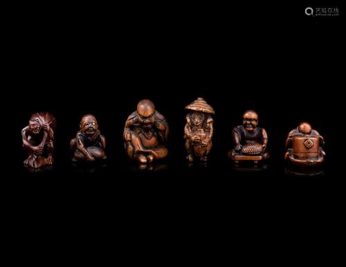 Six Japanese Carved Wood and Bamboo Figural-Form Netsuke