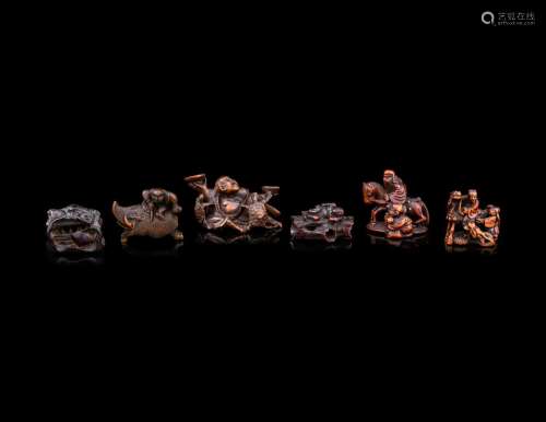 Six Japanese Carved Wood 'Figural Group' Netsuke