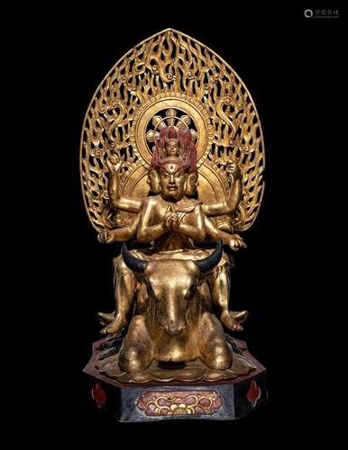 A Large Japanese Gilt and Red Lacquered Wood Figure a Bodhis...