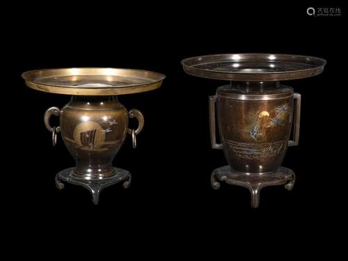 Two Japanese Mixed Metal Flower Arranging Pots, Usubata