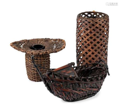 Three Japanese Bamboo Ikebana Baskets