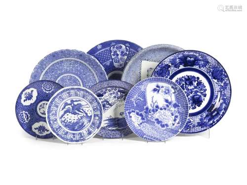 Nine Japanese Blue and White Porcelain Plates and Chargers