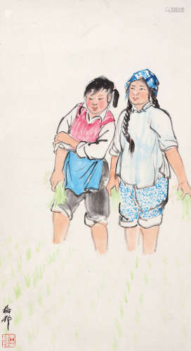 朱梅邨（1911-1993） 劳作的少女 镜心 设色纸本