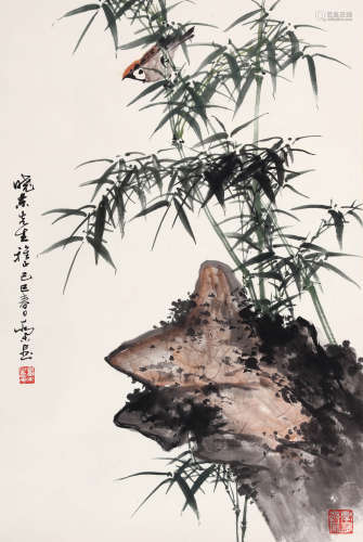 乔木（1920-2002） 竹石小鸟图 立轴 设色纸本