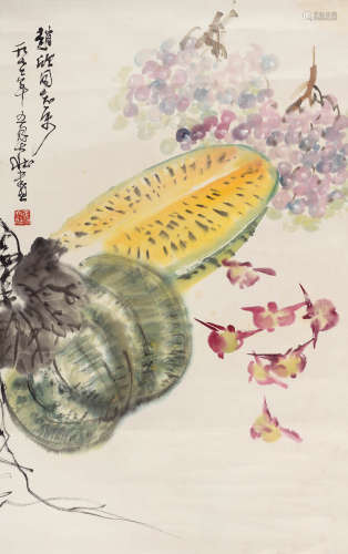 张大壮（1903-1980） 水果图 立轴 设色纸本