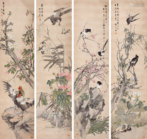 邱竹芗（清） 花卉四屏 立轴 设色纸本