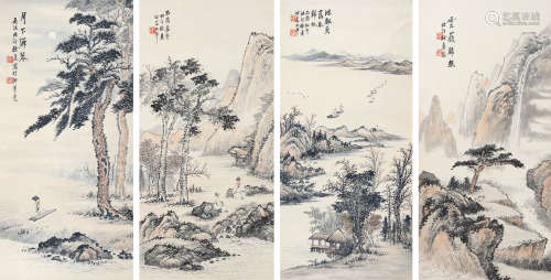 徐北汀（1908-1993） 山水四条屏 立轴 设色纸本