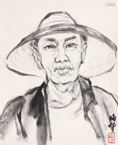 朱梅邨（1911-1993） 戴草帽的人 镜心 水墨纸本