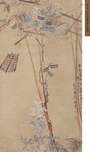 李鱓（1686-1756） 豆架虫笼图 立轴 设色纸本