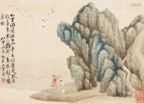 上官周（1665-1752） 高士闲话 镜心 设色纸本