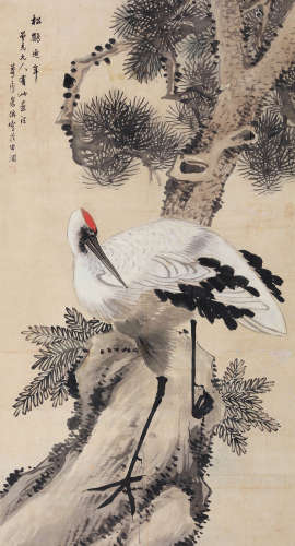 朱偁（1826-约1900） 松鹤延年 立轴 设色纸本