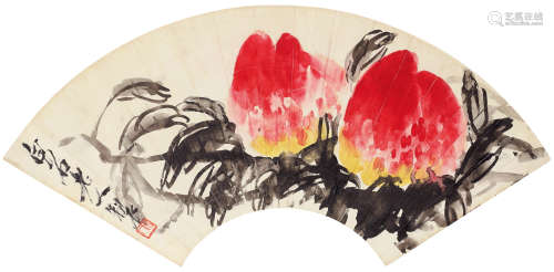 齐白石（1864-1957） 双寿图扇面 镜心 设色纸本