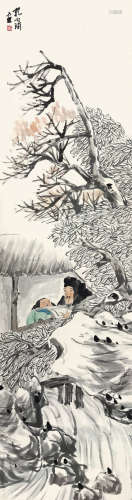 孔小瑜（1899-1984） 草庐读书图 立轴 设色纸本