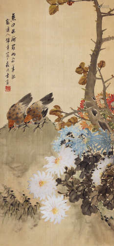 俞锦章（近代） 秋菊双鸟图 立轴 设色绢本