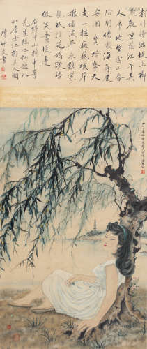 邓芬（1884-1954） 江柳美人图 立轴 设色纸本