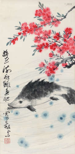 周昌谷（1929-1986） 桃花鳜鱼 立轴 设色纸本